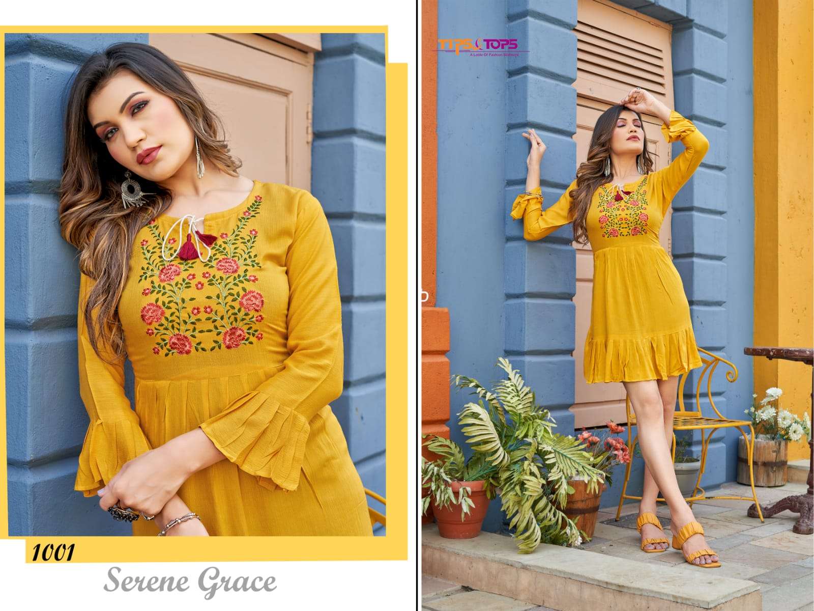 YAMI VOL 02 BY TIPS TOPS BRAND RAYON WRINKLE WITH EMBROIDERY WORK FROCK STYLE TUNIC TOP KURTI WHOLESALER AND DEALER